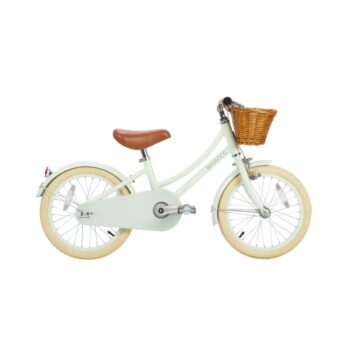 Dziecięcy rowerek 16 cali miętowy z brązowym siodełkiem i wiklinowym koszykiem. Banwood Rowerek Dziecięcy 16″ Classic Pale Mint