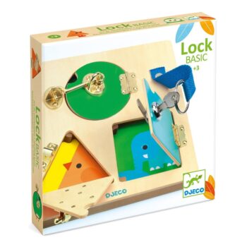 Drewniana tabliczka edukacyjna z zamkami i kluczykami dla dzieci do nauki manualnej zwinności i logicznego myślenia. Djeco Drewniana Tabliczka Manualna LockBasic
