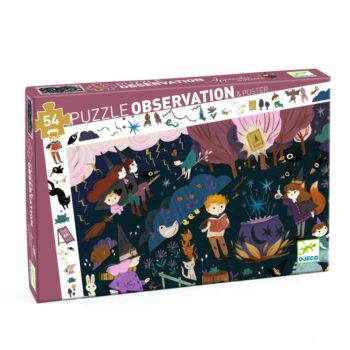 Puzzle 54 elementów z ilustracją uczniów czarnoksiężnika w lesie z magicznymi postaciami dla dzieci. Djeco Puzzle UCZNIOWIE CZARNOKSIĘŻNIKA 54 el