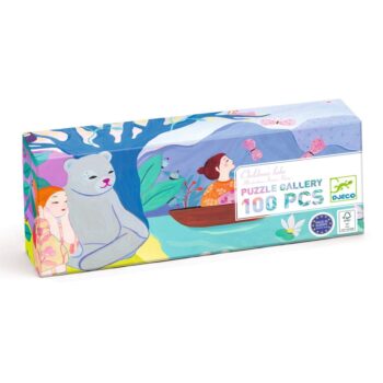 Pudełko puzzli tradycyjnych z ilustracją kota i postaci na łódce nad jeziorem 100 elementów dla dzieci. Djeco Puzzle gallery JEZIORO 100 elem