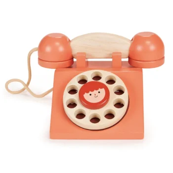 Drewniany pomarańczowy telefon stacjonarny zabawka dla dziecka z tarczą do wybierania numerów. Tender Leaf Toys Mentari Drewniany telefon stacjonarny