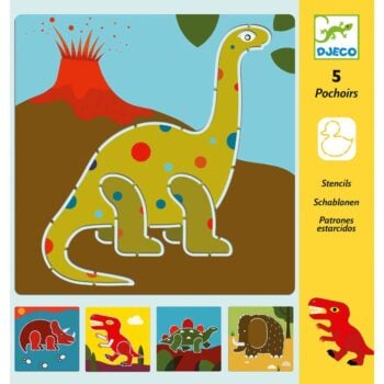 Zestaw pięciu szablonów do odrysowywania dinozaurów w różnych kolorach dla dzieci. Djeco Szablony do Odrysowania DINOZAURY