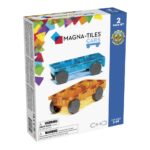 Dwa magnetyczne klocki w kształcie samochodów w kolorze pomarańczowym i niebieskim dla dzieci. Magna-Tiles Zestaw do rozbudowy Cars 2el. Pomarańczowy i Niebieski