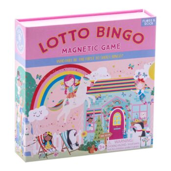 Magnetyczna gra bingo z tęczowymi wróżkami na różowym tle dla dzieci powyżej 3 lat. Floss & Rock Tęczowe Wróżki Bingo Gra Magnetyczna