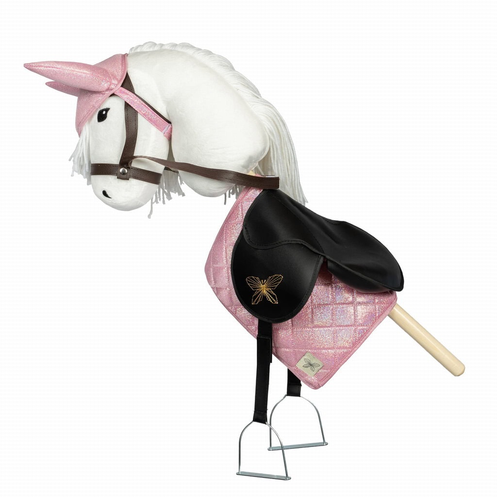 Siodło czarne z różową podkładką i strzemionami na konia na kiju dla dziecka. byAstrup Siodło dla konia na kiju Hobby Horse koń na kiju akcesoria