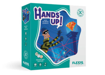 Gra karciana Hands Up! pudełko z ilustracją złodzieja i czerwonymi laserami dla dzieci od 7 lat. FLEXIQ Gra Hands Up! gra karciana 7+
