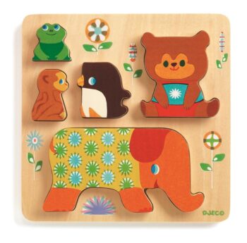 Drewniane puzzle przestrzenne z kolorowymi zwierzętami dla dzieci. Djeco Drewn. Puzzle Przestrz.PIRAMIDKA ZWIERZĄ