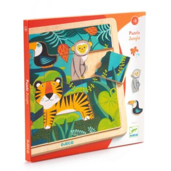 Drewniane puzzle edukacyjne z motywem dżungli dla dzieci powyżej 3 lat z obrazkami tygrysa małpy i tukana. Djeco Edukacyjne Puzzle Drewniane DŻUNGLA 3+