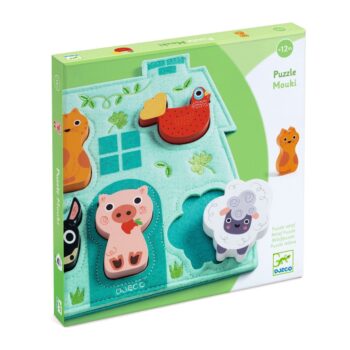Drewniane puzzle z filcowym domkiem i zwierzętami dla dzieci powyżej 12 miesięcy. Djeco Filcowy Domek z Drewnianymi Puzzlami MOUKI