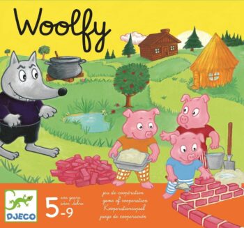 Plansza do gry z ilustracją wilka i trzech świnek na tle domu i lasu dla dzieci 5-9 lat. Djeco Gra planszowa Wilk i Świnki