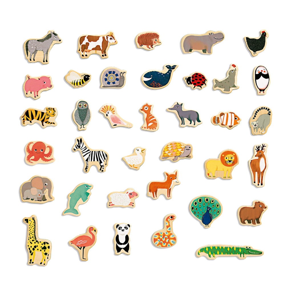 Magnetyczne puzzle zwierzęta afrykańskie i domowe kolorowe drewniane elementy dla dzieci. Djeco Układanka Magnetyczna MAGNIMO