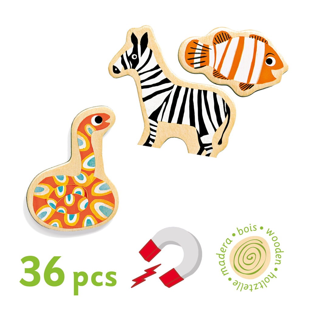 Drewniane puzzle magnetyczne zwierzęta dla dzieci 36 elementów. Djeco Układanka Magnetyczna MAGNIMO