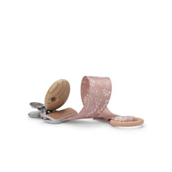Drewniana zawieszka do smoczka z różową tkaniną w biały wzór dla niemowlaka. Elodie Details Drewniana zawieszka do smoczka Monkey Sunrise Pink