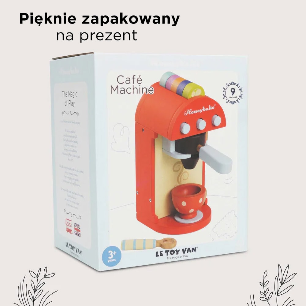 Drewniany czerwony ekspres do kawy dla dzieci z filiżanką i kolorowymi kapsułkami. Le Toy Van Ekspres do kawy