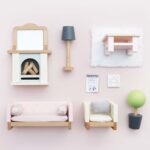 Drewniane meble do pokoju dziennego sofa fotel kominek lampa stolik dywanik drzewko dla dziecka. Le Toy Van Pokój dzienny Daisylane