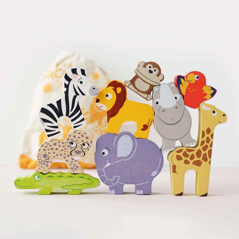 Drewniane kolorowe puzzle zwierzątka afrykańskie dla dzieci w woreczku materiałowym. Le Toy Van Układanka ze zwierzątkami afrykańskimi w woreczku