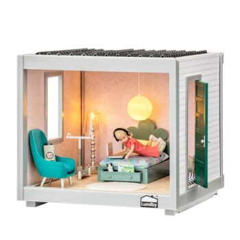 Pokój dla lalek 22 cm z łóżkiem fotelem lampą i drzwiami zielonymi dla dzieci. Lundby Pokój 22 cm Domek dla lalek