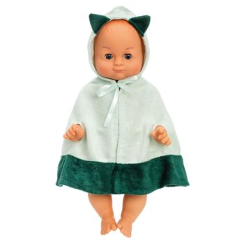 Lalka bobas ubrana w biało zielony kaptur kąpielowy dla dziecka 36 cm. Skrallan LALKA DAVID DO KĄPIELI 36 CM