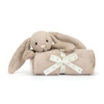 Beżowy kocyk przytulanka z króliczkiem dla niemowlaka 70 cm. Jellycat Króliczek Kocyk Beżowy 70 cm