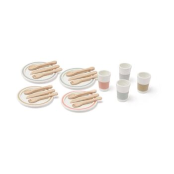 Zestaw obiadowy dla dzieci talerze kubki sztućce w pastelowych kolorach z drewna i tworzywa. Kid’s Concept Zestaw obiadowy KID’S HUB