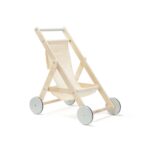 Drewniany wózek dla lalek z jasnym materiałowym siedziskiem i białymi kołami dla dziecka. Kid’s Concept Wózek dla lalek KID’S HUB