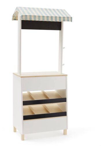 Drewniane stoisko targowe dla dzieci biało niebieskie z półkami i daszkiem w paski. Kid’s Concept Stoisko targowe KID’S HUB