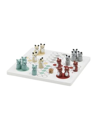 Drewniana gra planszowa ludo z kolorowymi pionkami w kształcie zwierząt dla dzieci. Kid’s Concept Gra planszowa Ludo EDVIN