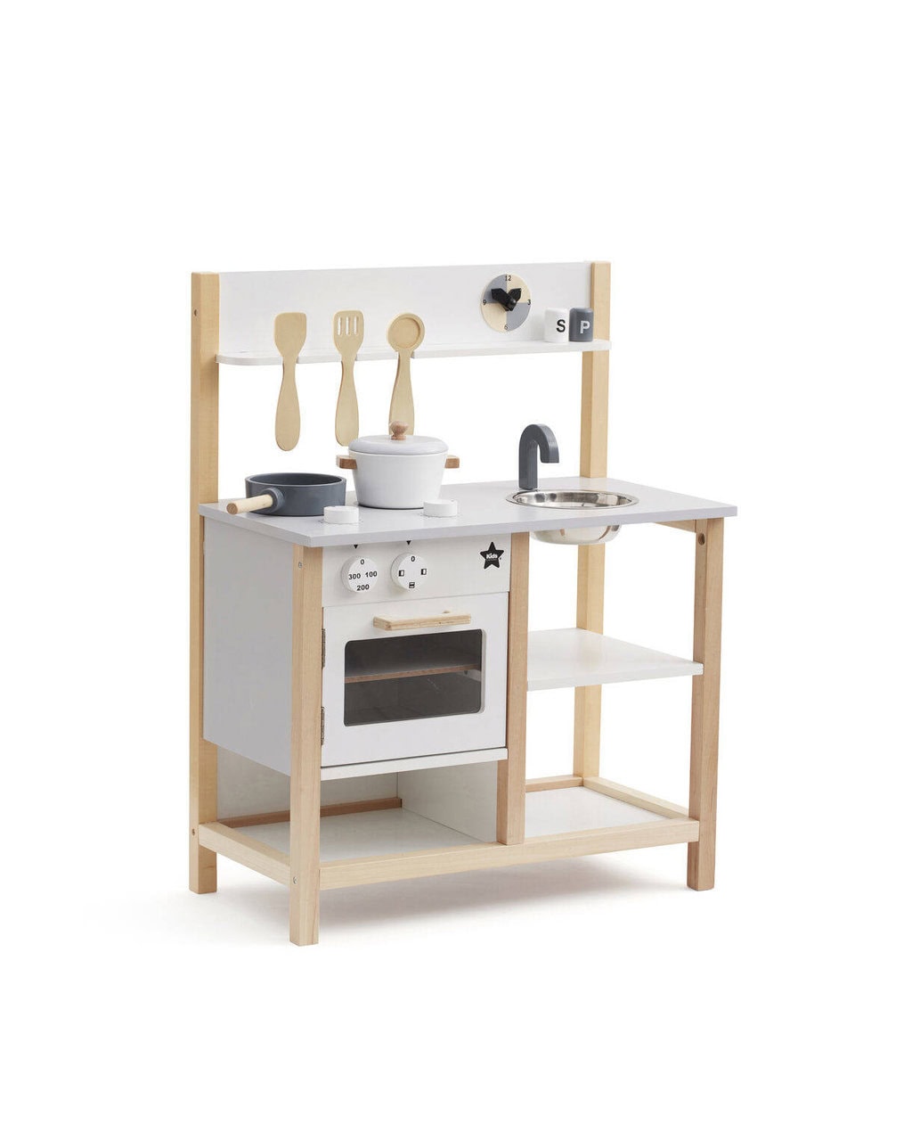 Drewniana dziecięca kuchnia zabawkowa w kolorze naturalnym i białym z akcesoriami dla dziecka. Kid’s Concept Kuchnia KID’S HUB, natural/white