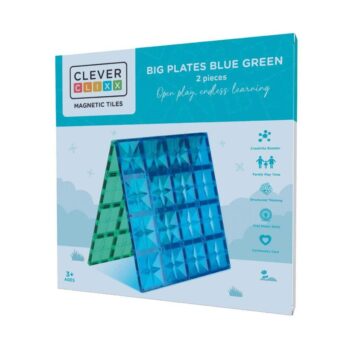 Dwa magnetyczne klocki płaskie w kolorze niebieskim i zielonym dla dzieci powyżej 3 lat. Cleverclixx Klocki magnetyczne Big Plates Blue Green 2 el