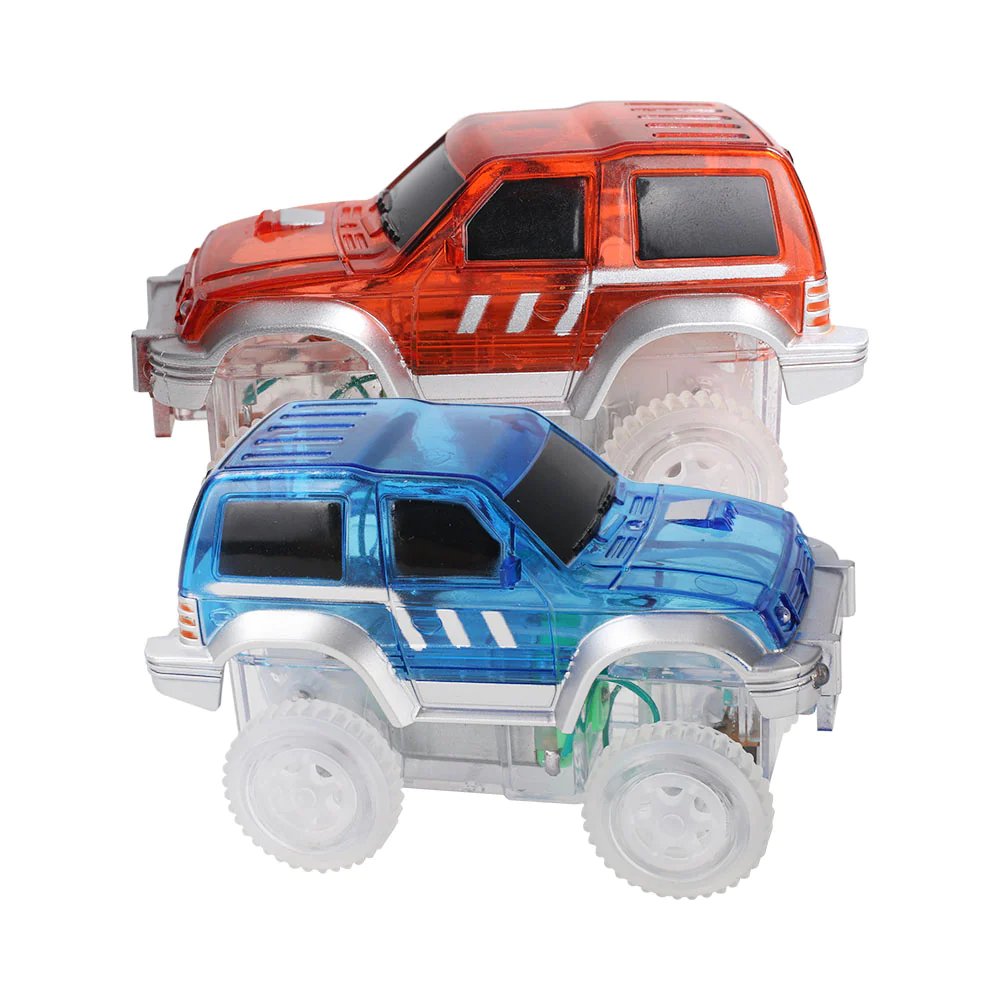 Dwa plastikowe samochody terenowe czerwony i niebieski z przezroczystymi kołami zabawka dla dzieci. Cleverclixx Race Track Car Blue