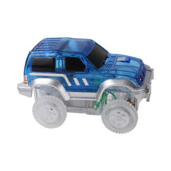 Niebieski samochód terenowy z przezroczystego plastiku z klocków magnetycznych dla dzieci. Cleverclixx Race Track Car Blue