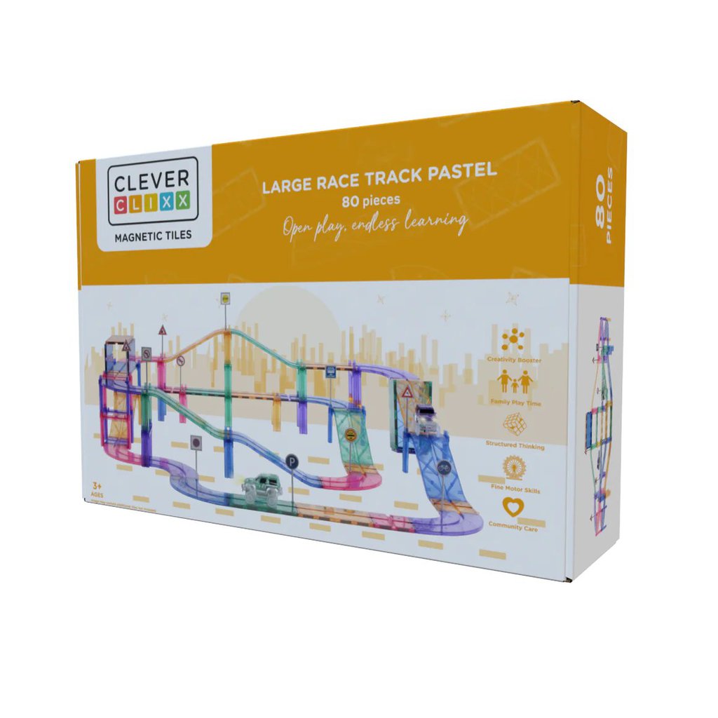 Klocki magnetyczne tor wyścigowy pastelowe 80 elementów dla dzieci. Cleverclixx Klocki magnetyczne Large Race Track Pastel 80 el