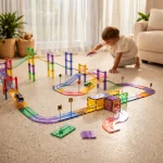 Dziecko bawiące się tor wyścigowy z klocków magnetycznych w pastelowych kolorach na podłodze. Cleverclixx Klocki magnetyczne Large Race Track Pastel 80 el