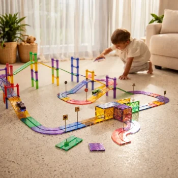 Dziecko bawiące się tor wyścigowy z klocków magnetycznych w pastelowych kolorach na podłodze. Cleverclixx Klocki magnetyczne Large Race Track Pastel 80 el