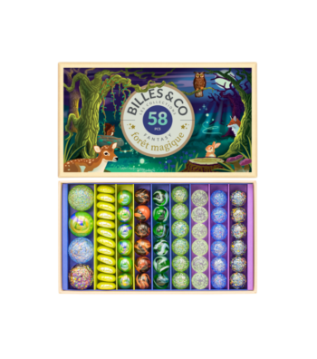 Zestaw 58 szklanych kulek w różnych wzorach i kolorach z motywem magicznego lasu dla dzieci. Billes & Co Szklane Kulki MAGICZNY LAS