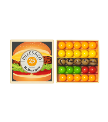 Zestaw szklanych kolorowych kulek w pudełku z grafiką hamburgera dla dzieci. Billes & Co Szklane Kulki HAMBURGER