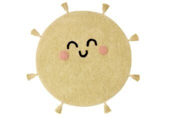 Okrągły bawełniany dywanik w kolorze żółtym z uśmiechniętą buzią i frędzlami dla dziecka. Lorena Canals Dywan bawełniany You’re My Sunshine, Mr Wonderful & Lorena Canals Ø100 cm