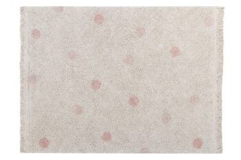 Bawełniany dywan w kolorze naturalnym z różowymi kropkami i frędzlami na krótszych bokach 120 x 160 cm. Lorena Canals Dywan bawełniany Hippy Dots Natural Vintage Nude 120 x 160 cm