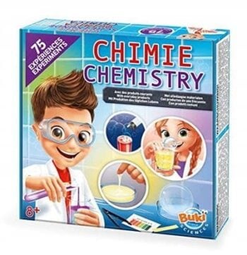 Zestaw do eksperymentów chemicznych dla dzieci z ilustracją chłopca i dziewczynki oraz 75 eksperymentami na opakowaniu. Buki Laboratorium Chemiczne 75 Eksperymentów