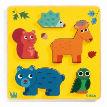 Drewniane puzzle przestrzenne z postaciami zwierząt na żółtym tle dla dzieci. Djeco Drewniane Puzzle Przestrzenne FRIMOURS