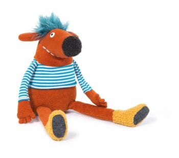 Pluszowy stworek pomarańczowy w niebiesko białą bluzkę z długimi rękawami z niebieskimi włosami maskotka dla dziecka. Moulin Roty Stworek Maskotka PIDOU-Les Schmouks