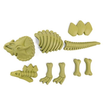 Zestaw dziewięciu foremek do piasku w kształcie części dinozaura w kolorze zielonym dla dziecka. Moulin Roty Zestaw 9 Foremek do Piasku DINOZAUR