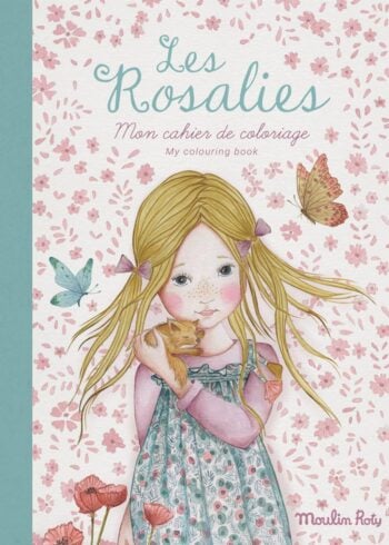 Kolorowanka dla dzieci z ilustracją dziewczynki trzymającej kota na tle kwiatów i motyli. Moulin Roty Kolorowanka LES ROSALIES