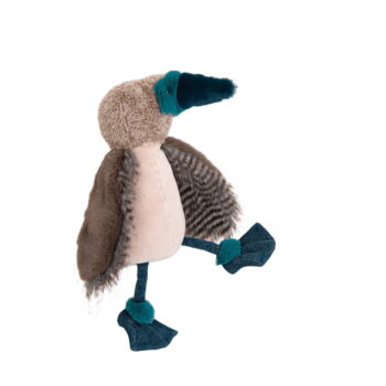 Pluszowa maskotka ptak z miękkim brązowym i kremowym futerkiem oraz niebieskimi dziobem i stopami dla dziecka. Moulin Roty Maskotka Ptak GŁUPTAK 39 Cm DOOKOŁA ŚWIATA