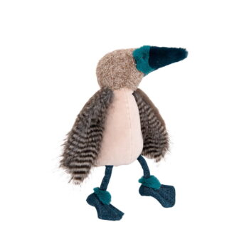 Pluszowa maskotka ptak z miękkim brązowym i beżowym futerkiem oraz niebieskim dziobem i stopami dla dziecka. Moulin Roty Maskotka Ptak GŁUPTAK 39 Cm DOOKOŁA ŚWIATA