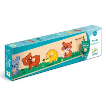 Drewniane puzzle leśne zwierzątka z postaciami zająca, niedźwiedzia, jeża, lisa i sowy dla dzieci powyżej 12 miesięcy. Djeco Drewniane Puzzle LEŚNE ZWIERZĄTKA
