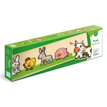 Drewniane puzzle farma z uchwytami z motywem zwierząt dla dzieci powyżej 12 miesięcy. Djeco Drewniane Puzzle FARMA