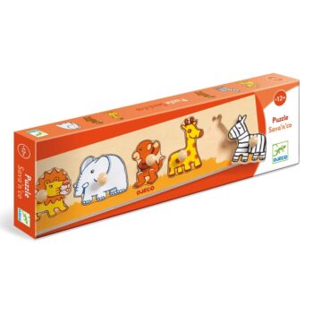 Drewniane puzzle z motywem zwierząt sawanny dla dzieci powyżej 12 miesięcy. Djeco Drewniane Puzzle SAVANNA