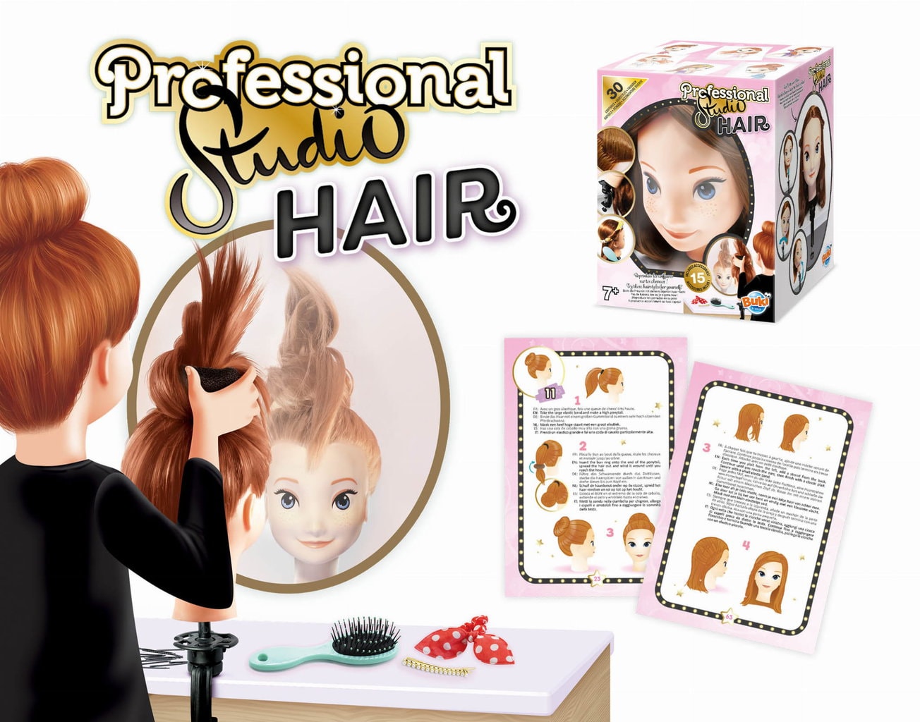 Zestaw do stylizacji włosów dla dzieci z lalką do czesania i kartami z instrukcjami fryzur. Buki Professional Studio SALON FRYZJERSKI