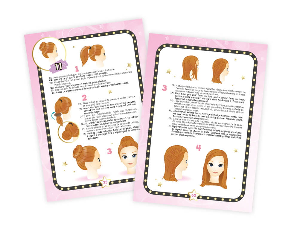 Dwie karty instrukcji z ilustracjami fryzur i opisami kroków w języku polskim na różowym tle. Buki Professional Studio SALON FRYZJERSKI